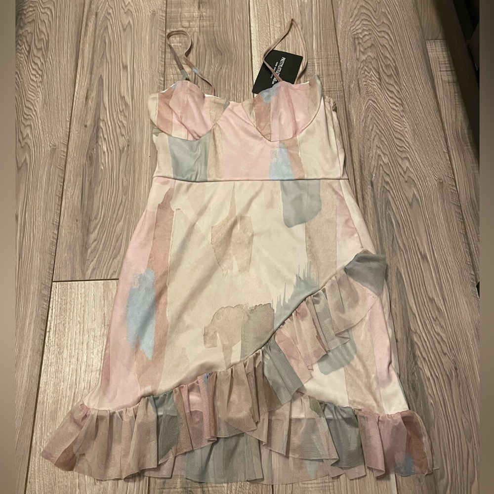 Recycled Multi Abstract Frill Hem Detail Strappy Shift Dress - 4